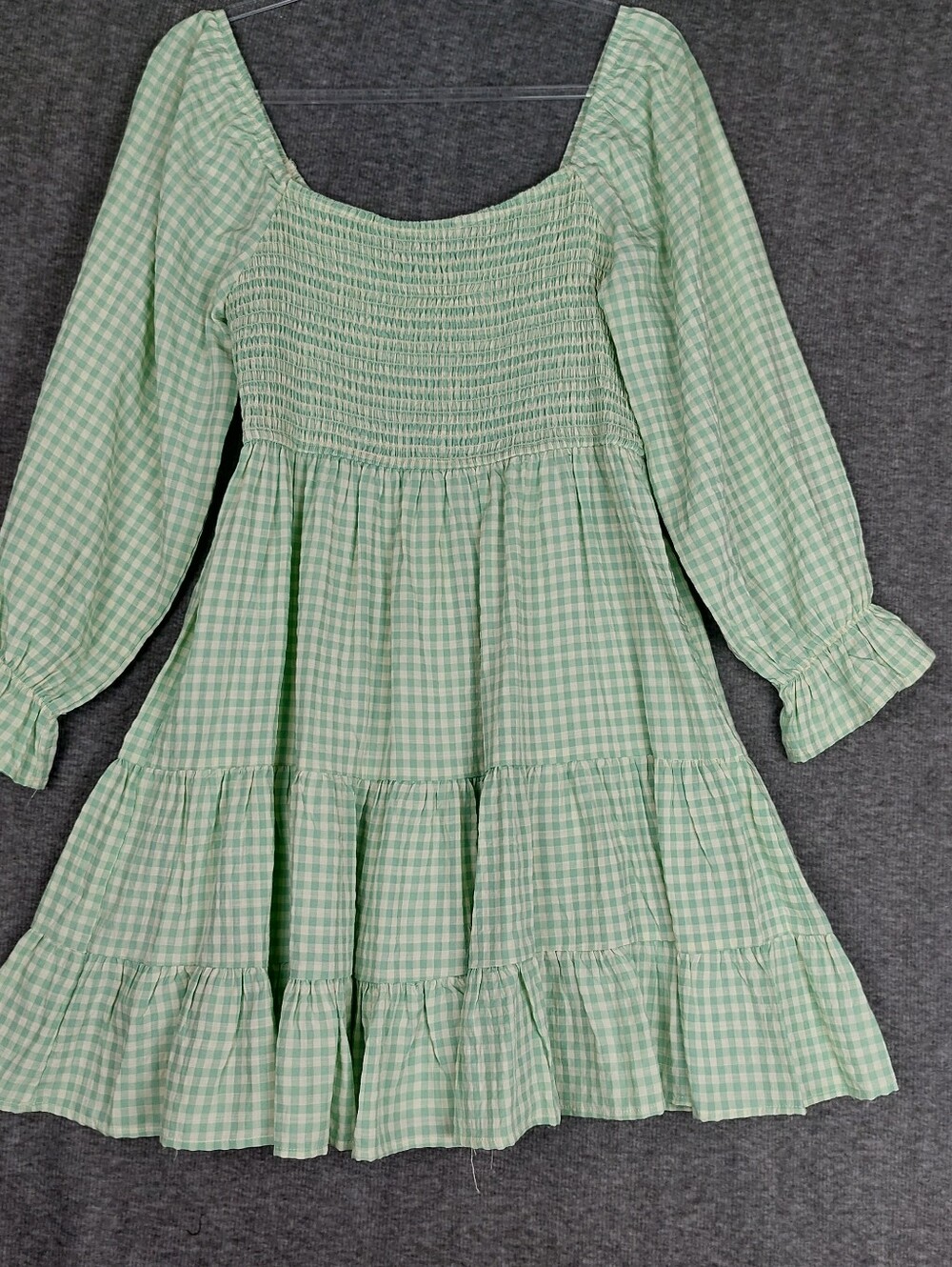 BLUE B COLLECTION WOMENS MINT CREAM GINGHAM SMOCKED LONG SLEEVE MINI DRESS L - Picture 6 of 7